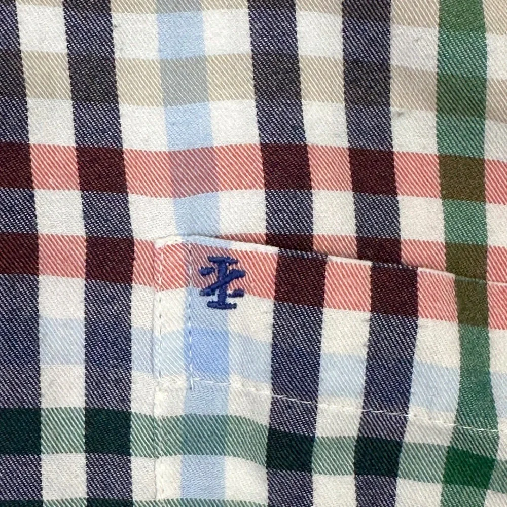 IZOD Button Down Shirt Mens Large Orange Blue Plaid Long Sleeve Cotton Blend‎